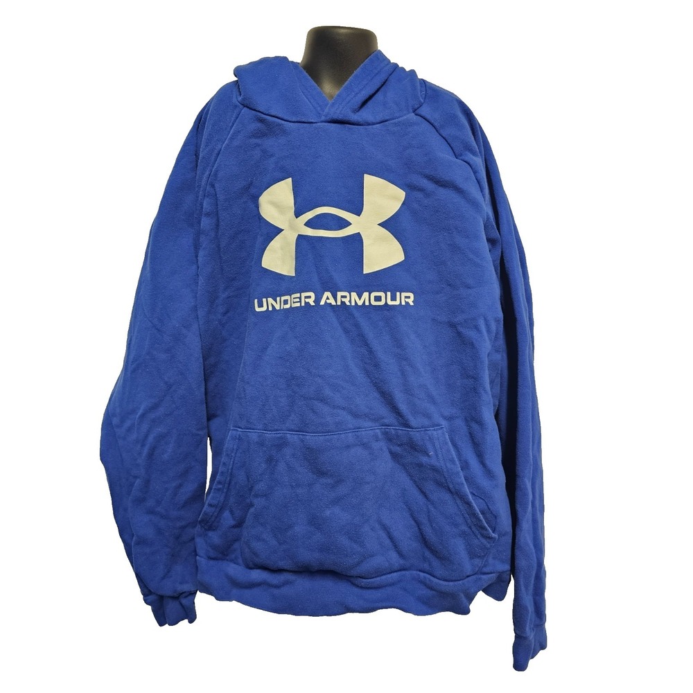 Under Armour Youth XL blue with white logo hooded sweatshirt front pocket